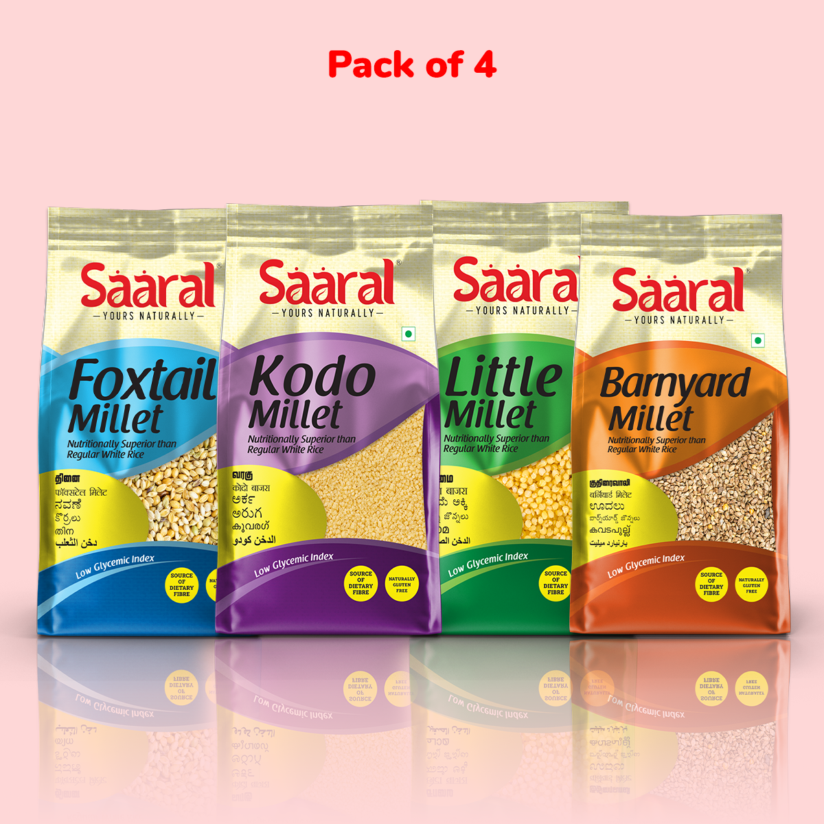 SAARAL Millets - Natural Grains Combo Pack of 4, Foxtail 500 g, Kodo 500 g, Little 500 g, Barnyard 500 g, Native Low GI Millet Rice