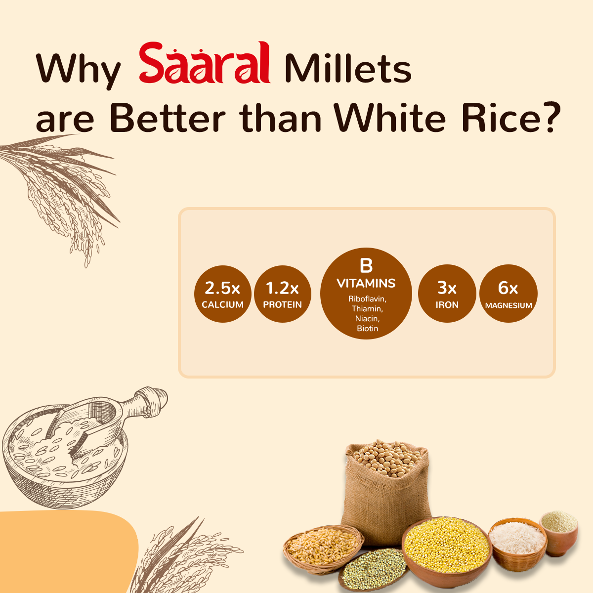 SAARAL Millets - Natural Grains Foxtail 500 g, Kodo 500 g, Little 500 g, Barnyard 500 g, browntop 500g, pearl 500g, sorghum 500g ( pack of 7) Native Low GI Millet Rice